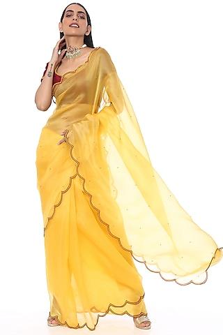 sunshine yellow organza scallop embroidered saree set