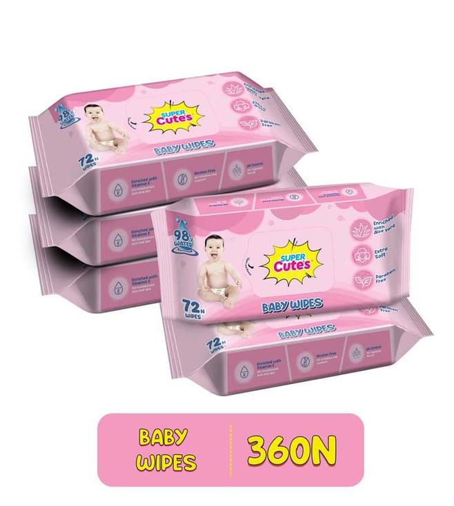 super cute's premium soft cleansing baby wipes with aloe vera (72 wipes) - pack of 5