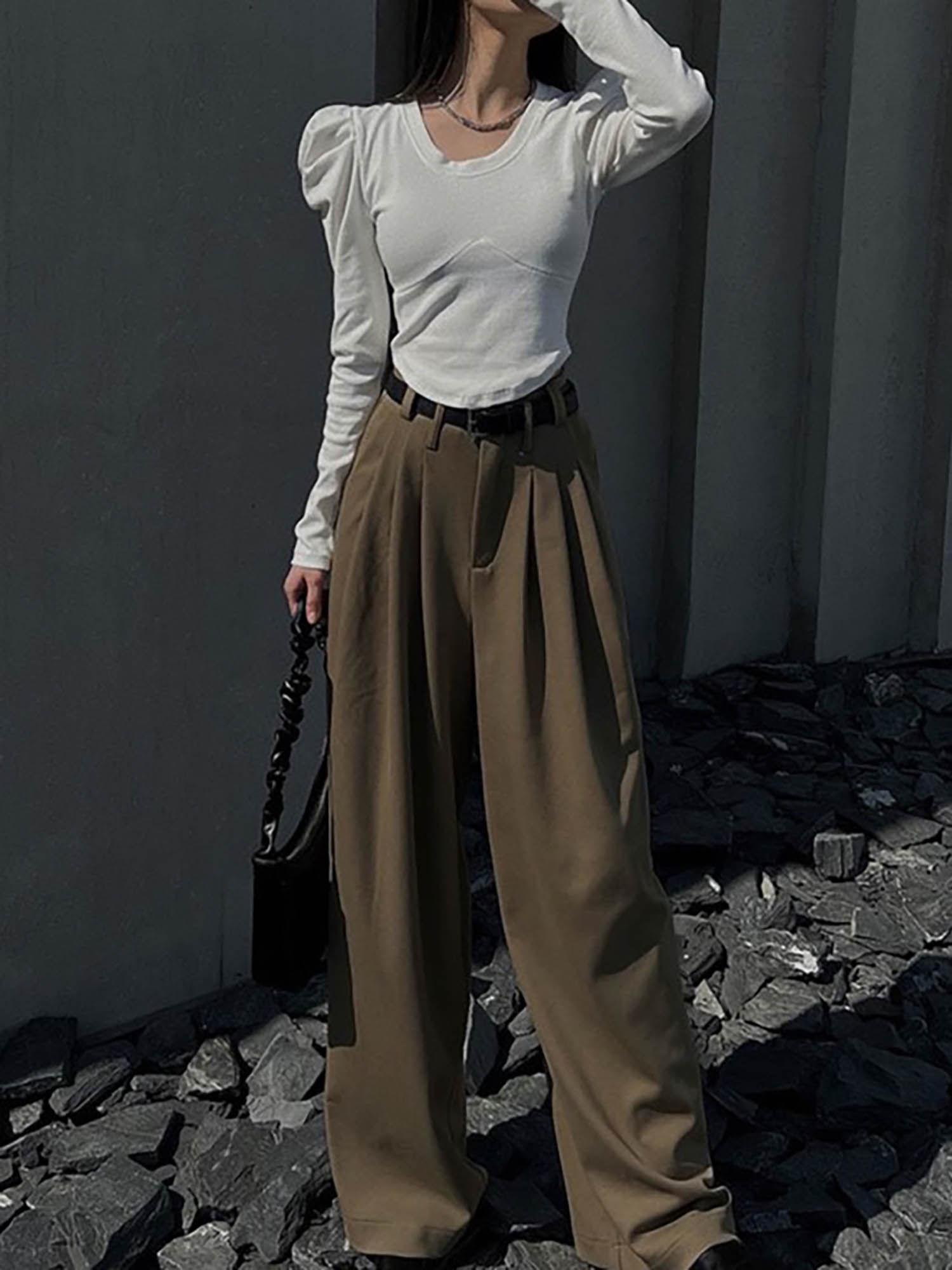 super baggy pleated korean baggy pants-brown