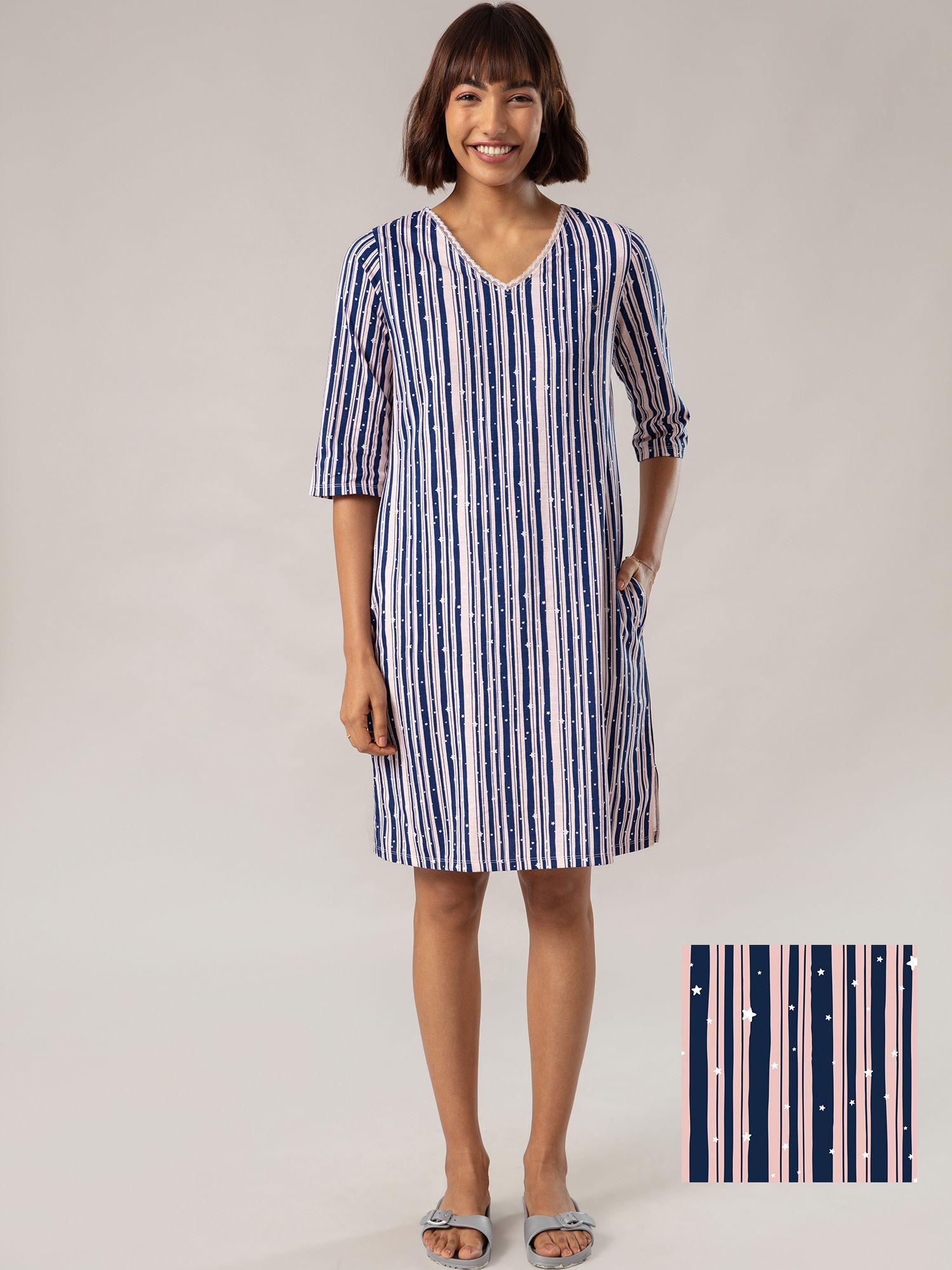 super fine sleep dress in cosy cotton - nys009 stripe print