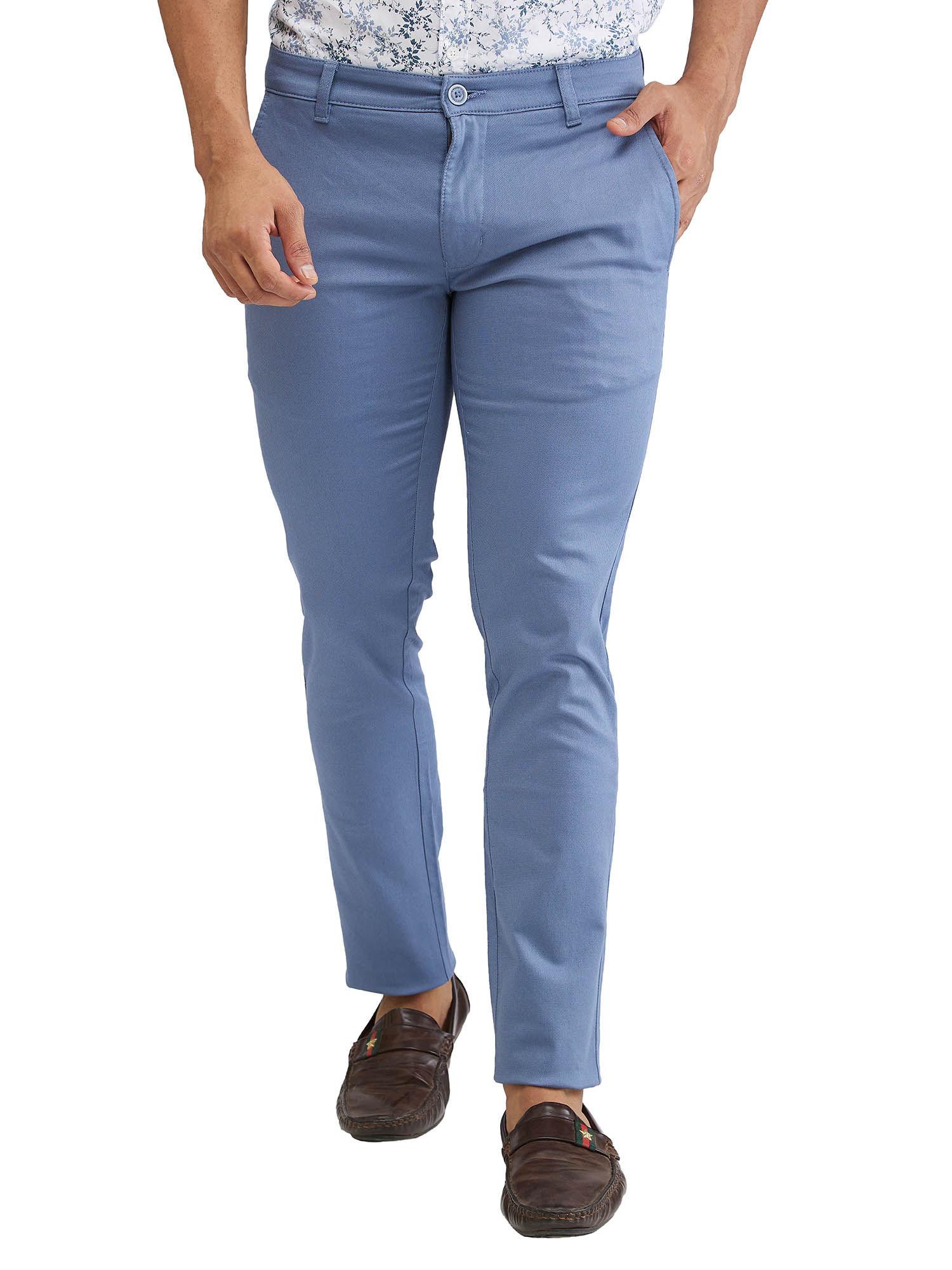 super slim fit solid medium blue casual trouser