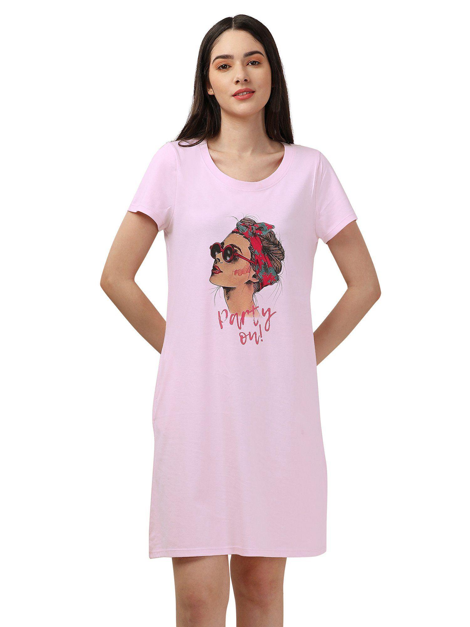 super soft half sleeve cotton modal knee length nightdress - pink