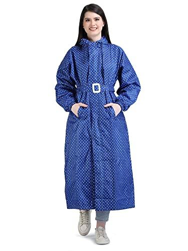 super women's reversible long waterproof raincoat with hood, belt and carrying pouch for ladies (nl 111, blue, l)