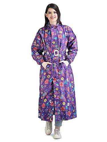 super women's reversible long waterproof raincoat with hood, belt and carrying pouch for ladies (nl 222, voilet, xl)