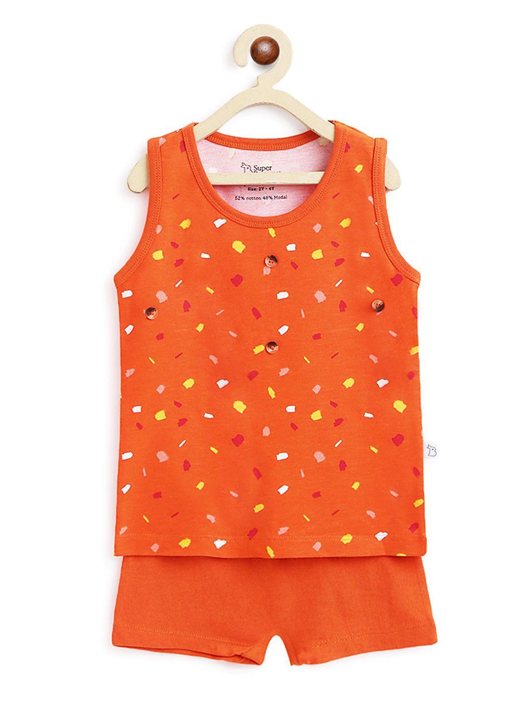 superbottoms kids orange printed sustainable t-shirt with shorts