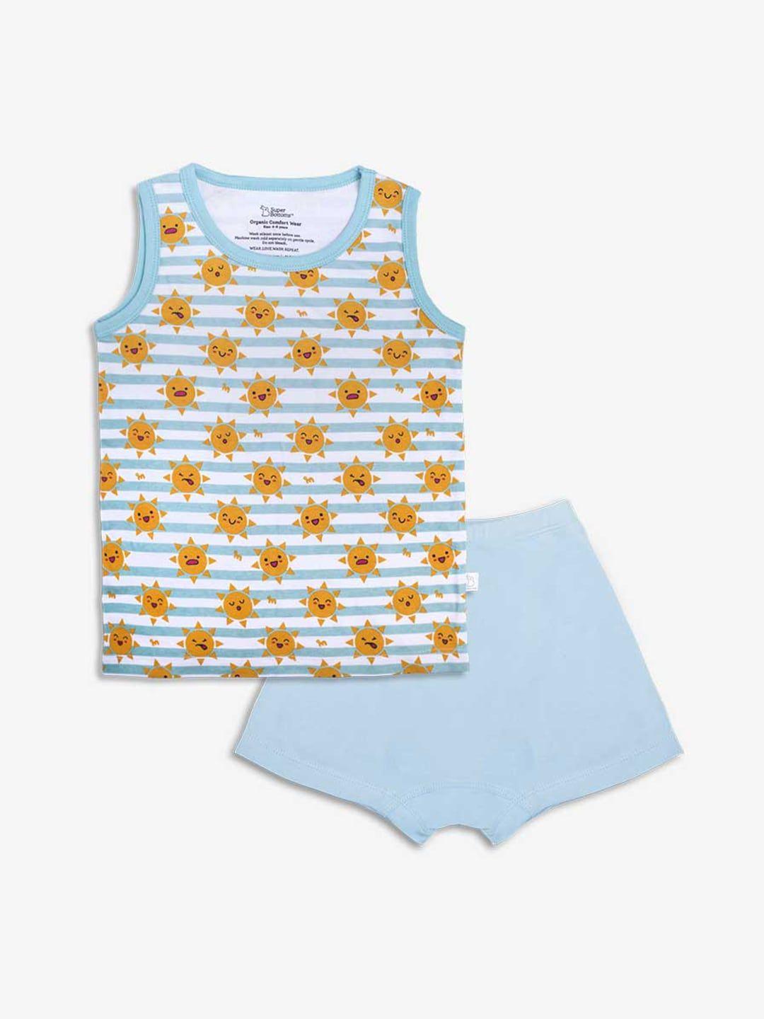 superbottoms unisex kids blue & white printed organic cotton sustainable sustainable t-shirt with shorts
