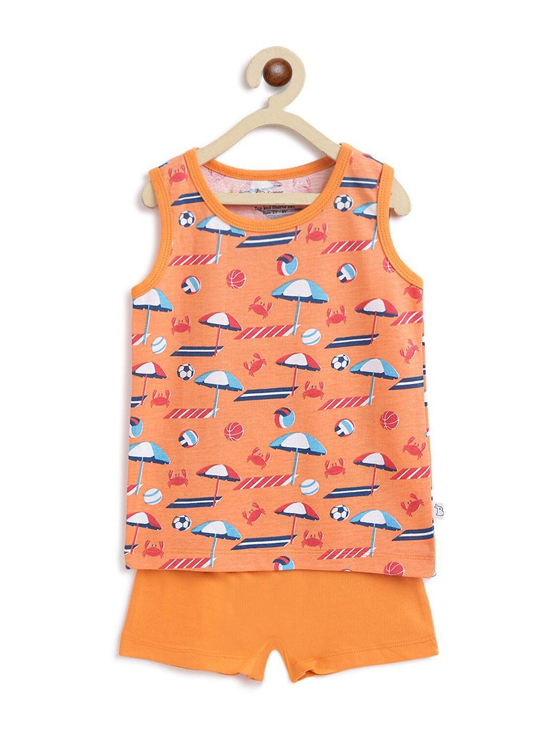 superbottoms unisex kids orange & blue printed sustainable t-shirt with shorts