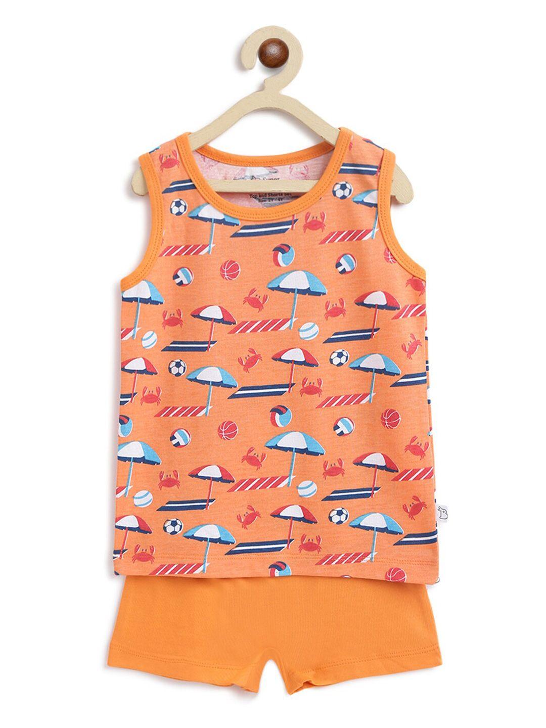 superbottoms unisex kids orange & blue printed sustainable t-shirt with shorts