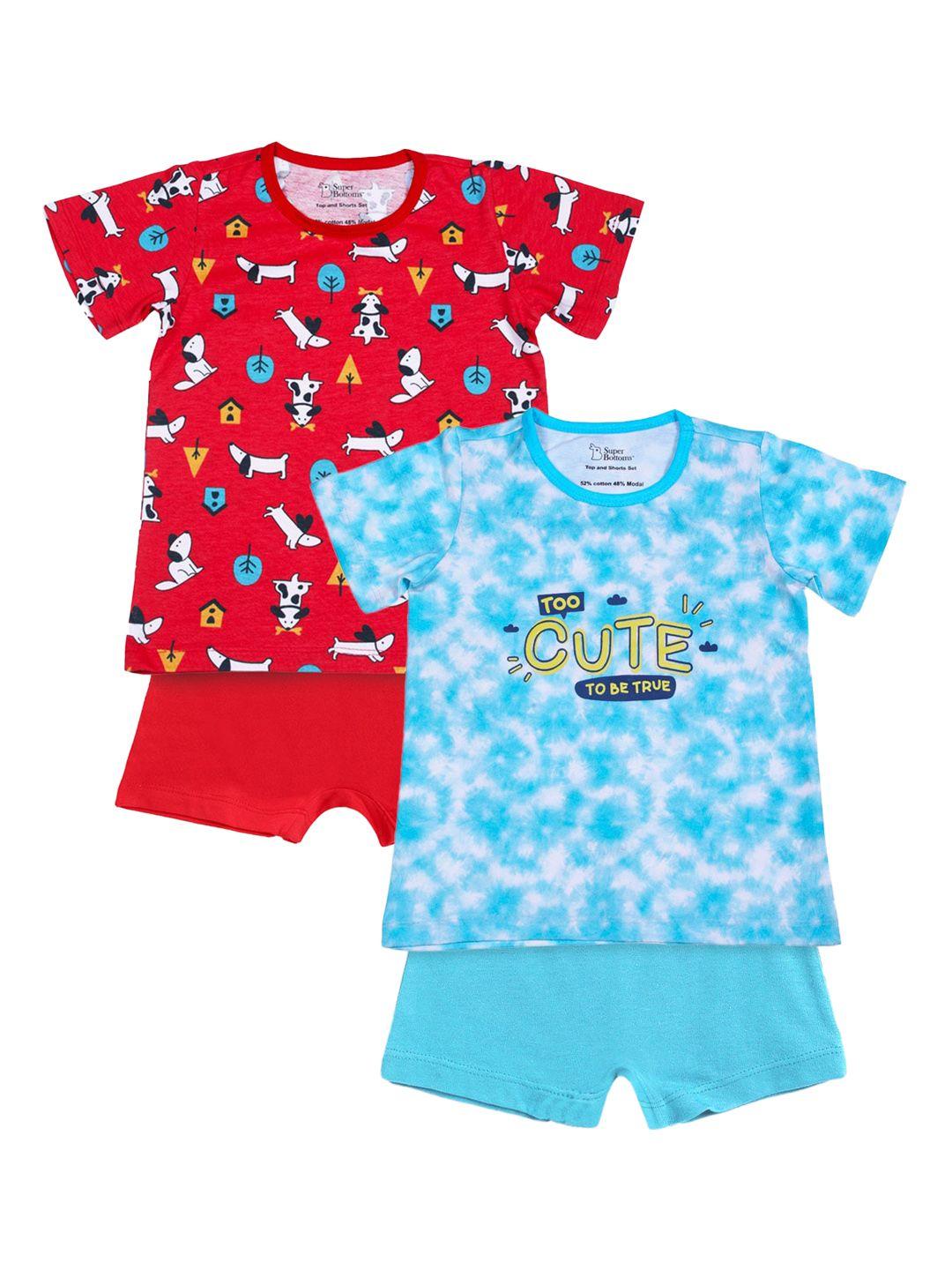 superbottoms unisex kids red & blue printed sustainable t-shirt with shorts