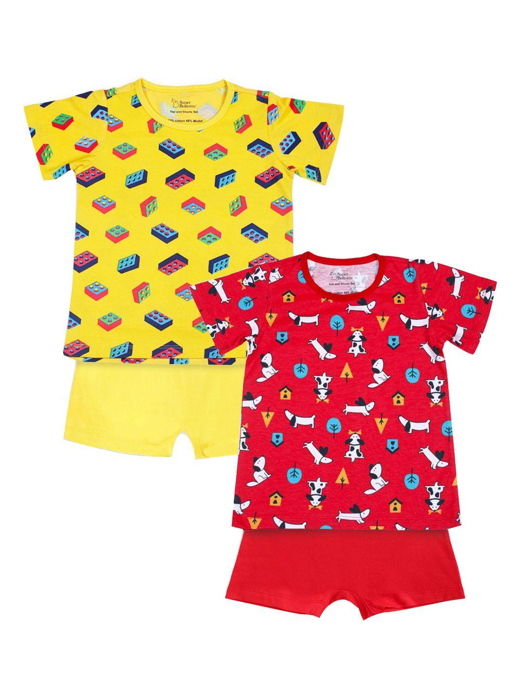 superbottoms unisex kids red & yellow printed sustainable t-shirt with shorts