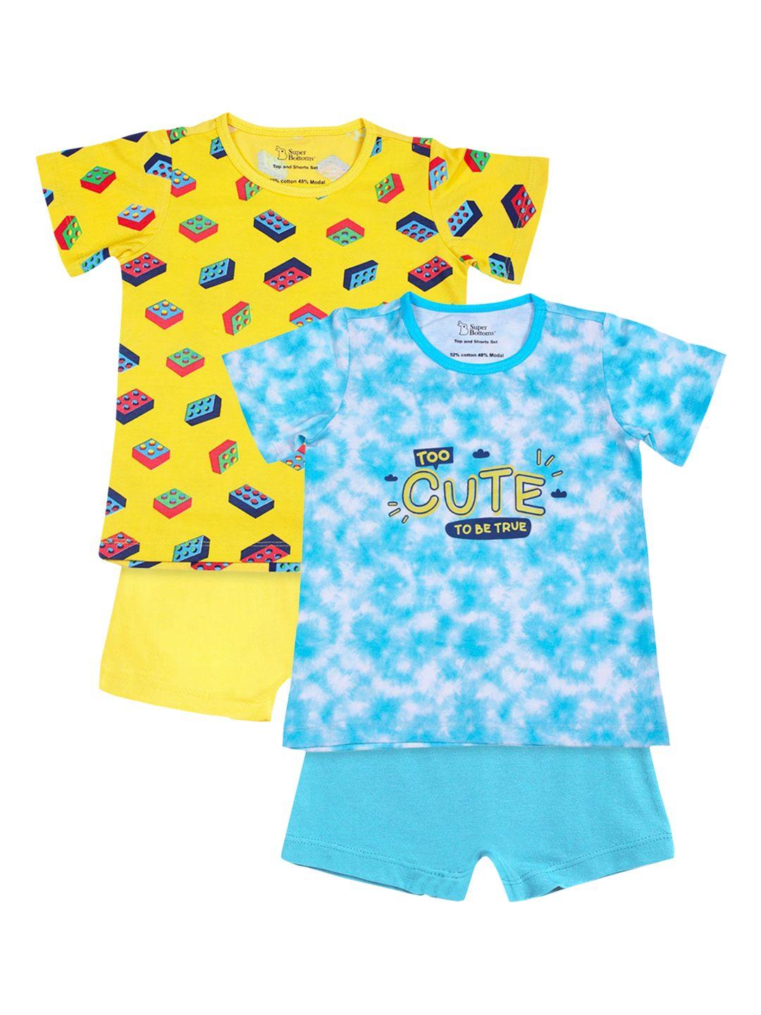 superbottoms unisex pack of 2 kids blue & yellow printed sustainable t-shirt with shorts