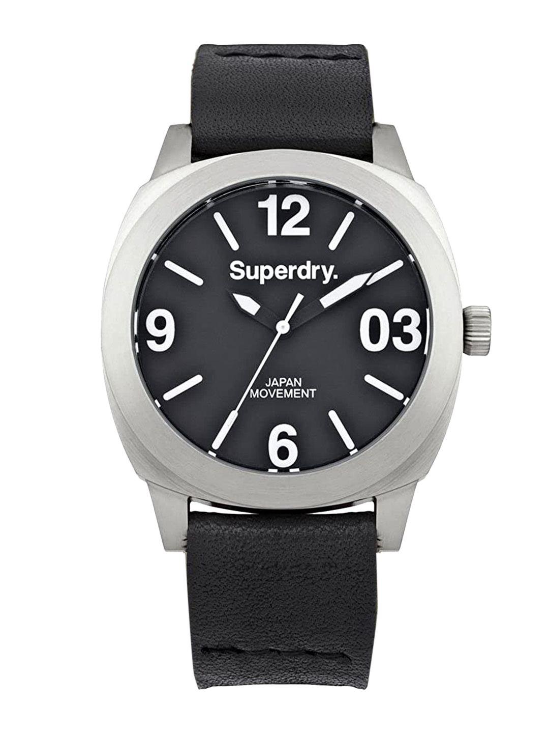 superdry women black brass dial & black leather straps analogue watch syl116b
