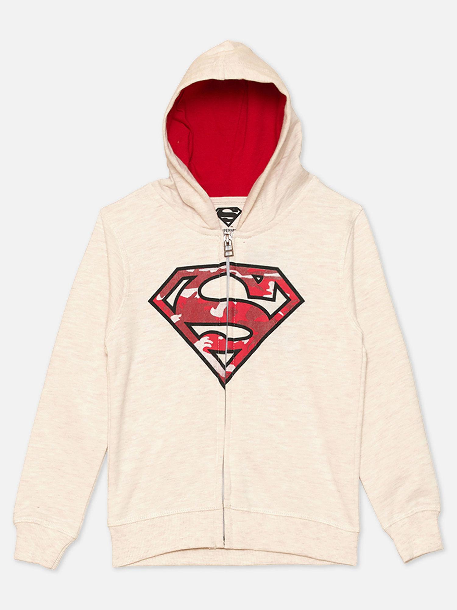 superman featured beige zipper hoodie for boys