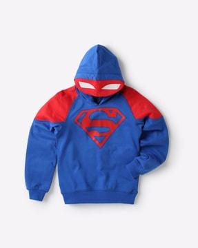 superman print hoodie with ribbed hem