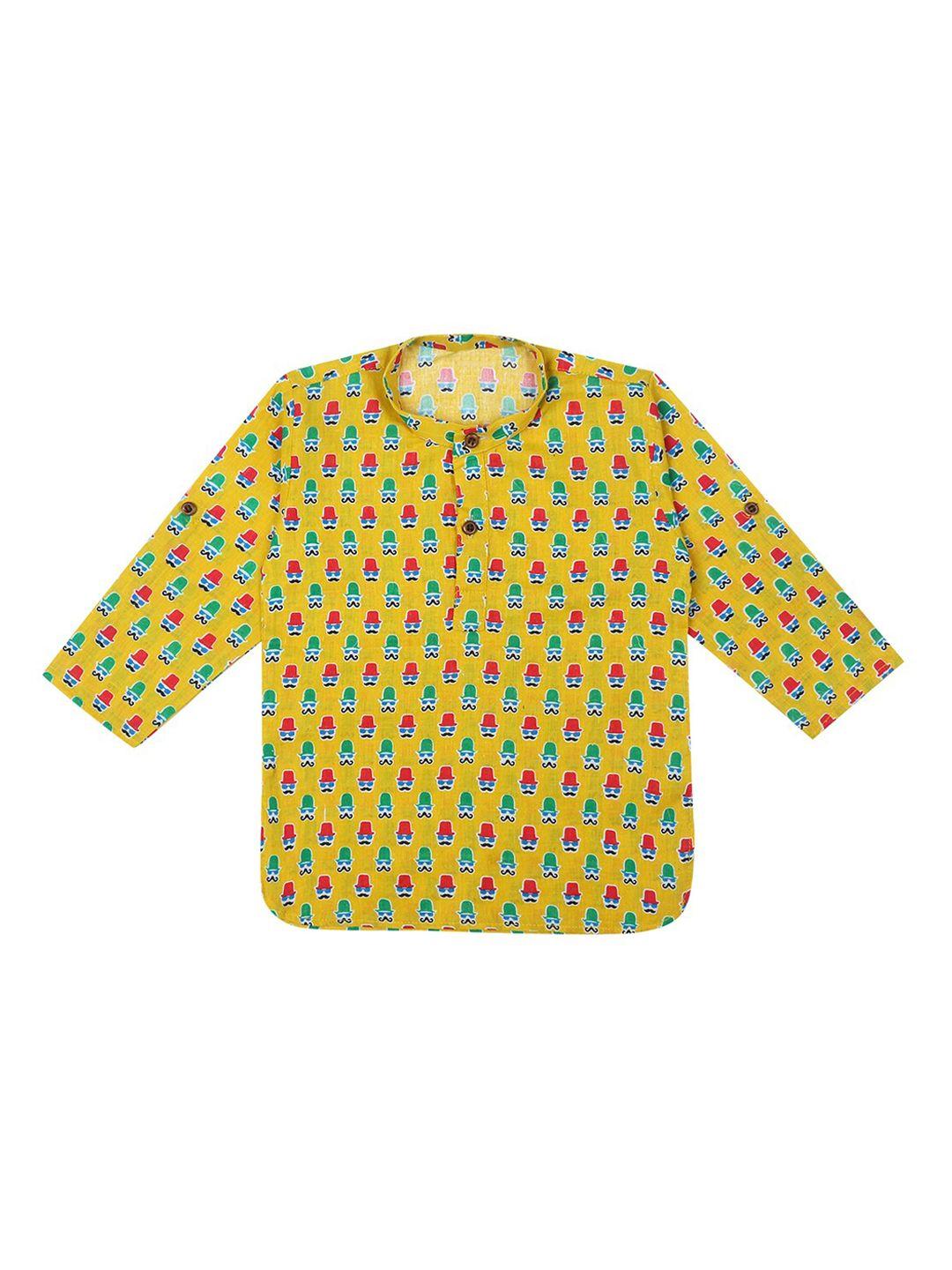superminis boys yellow & green conversational printed pure cotton kurta