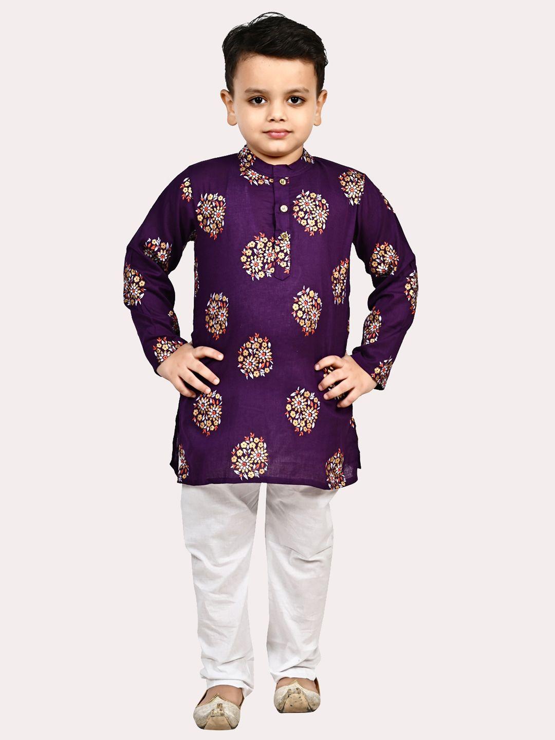 superminis boys  pure cotton gold foil printed purple & white kurta pyjama set