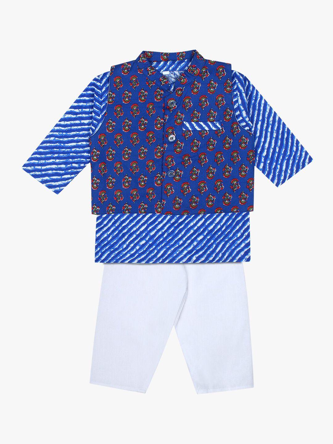 superminis boys blue & white printed pure cotton kurta with pyjamas with nehru jacket