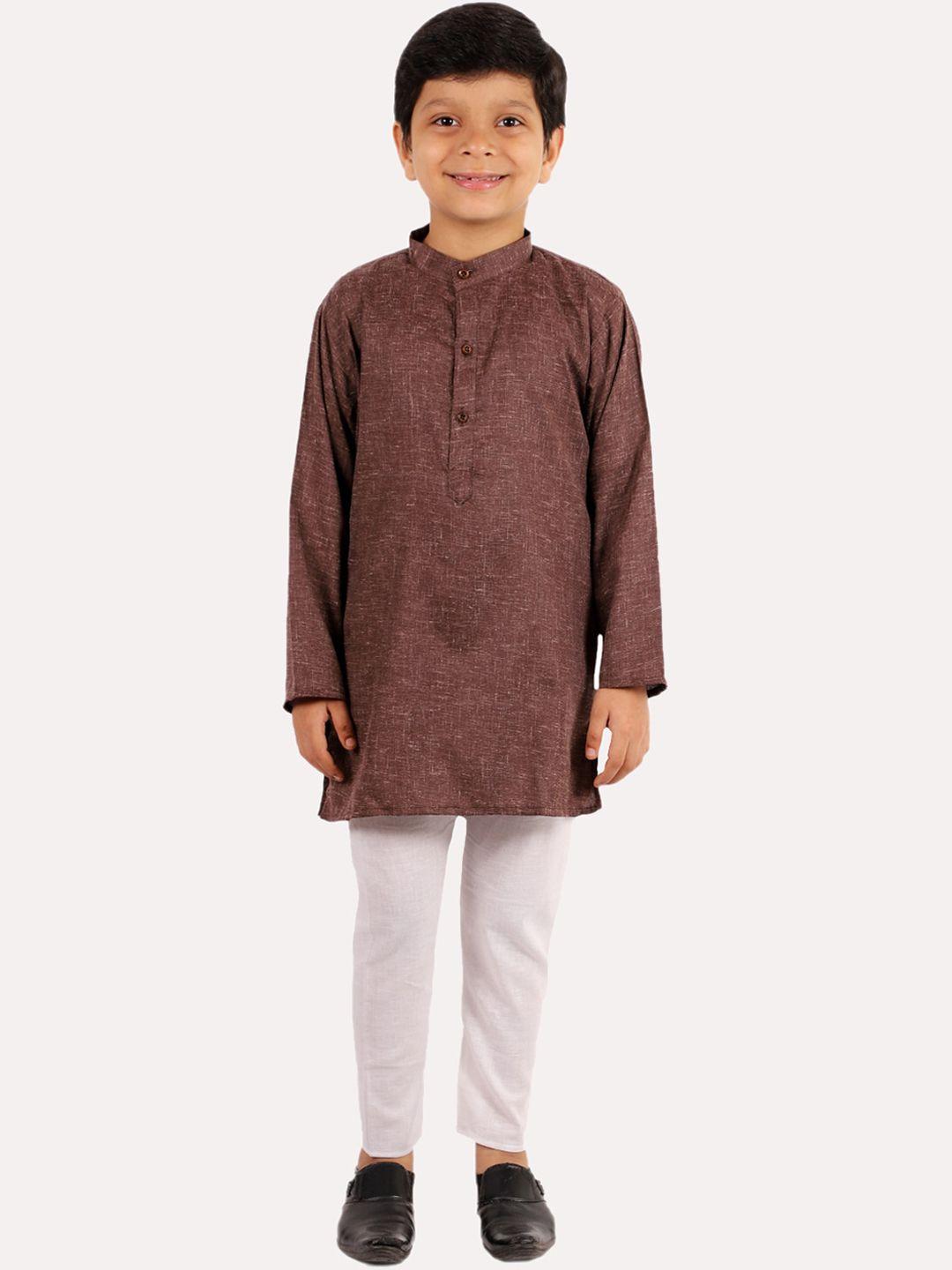 superminis boys coffee brown embroidered pure cotton kurta with pyjamas