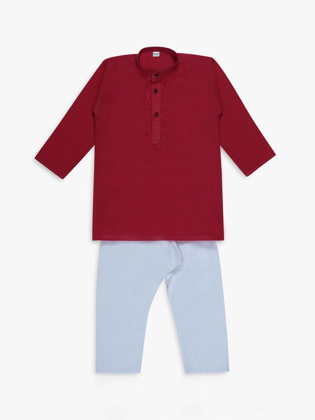 superminis boys maroon & white solid kurta with pyjamas