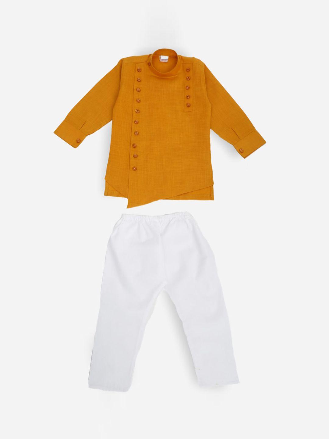 superminis boys mustard yellow angrakha pure cotton kurta with pyjamas