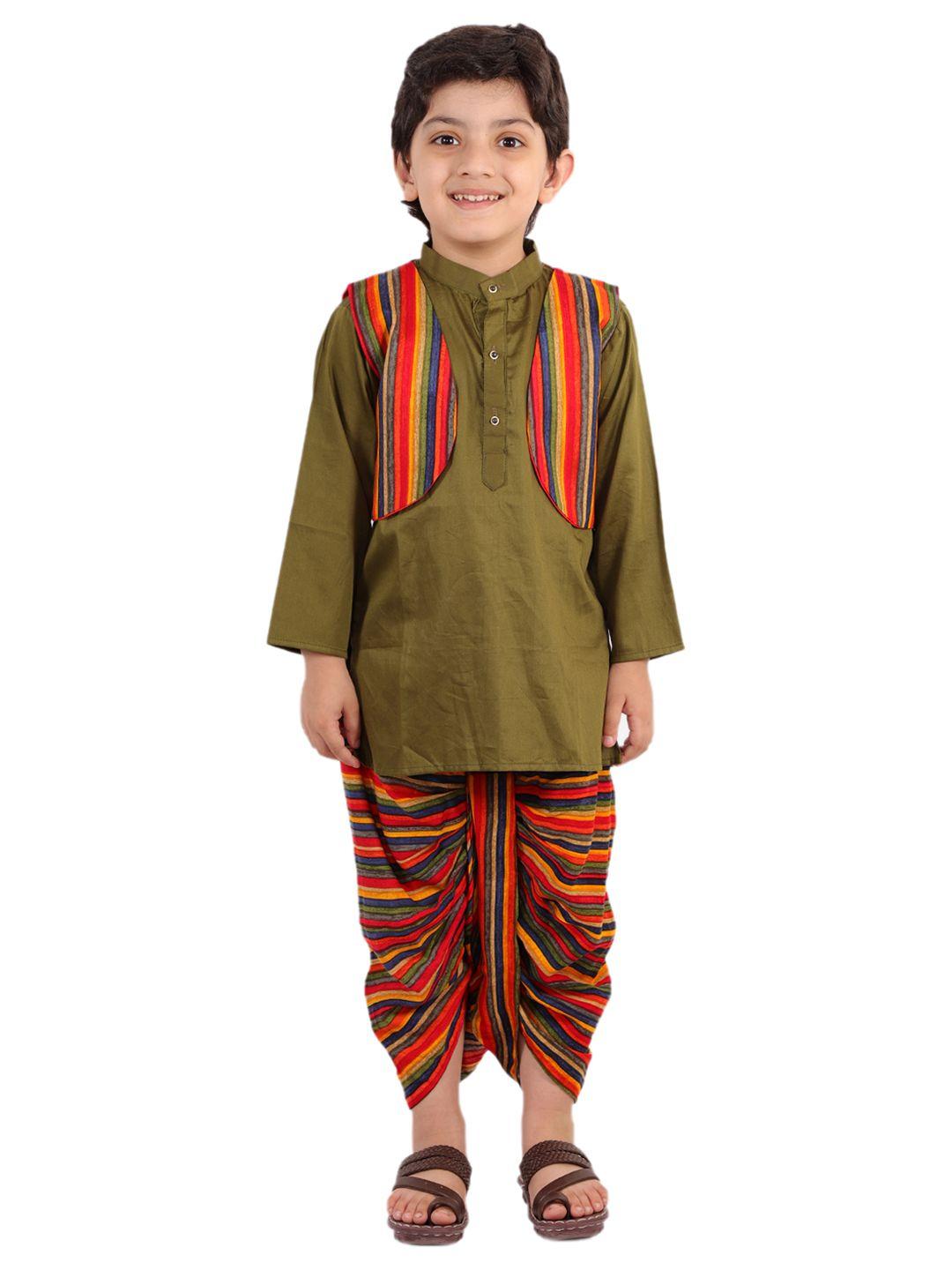 superminis boys olive green & orange printed kurta with dhoti pants