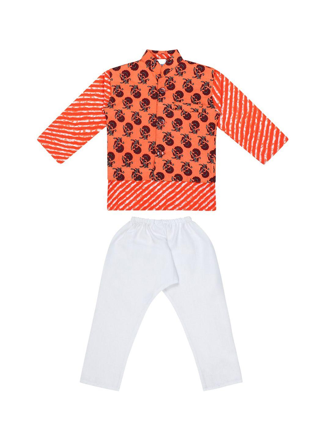 superminis boys orange & black floral printed pure cotton kurta with pyjamas