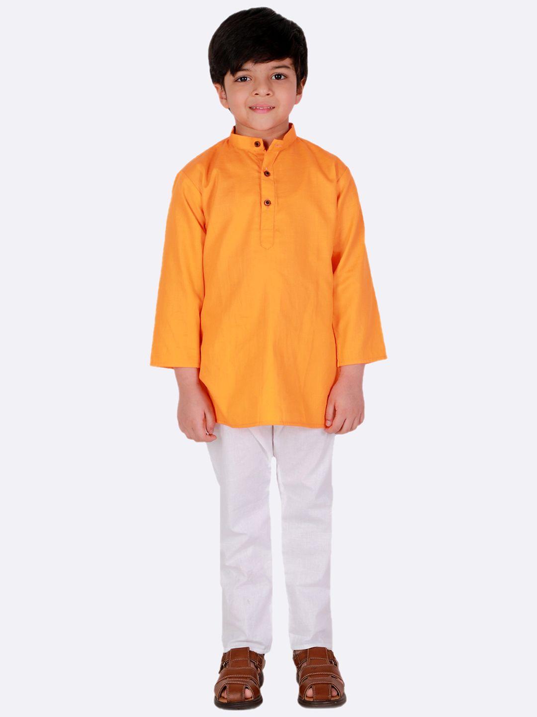 superminis boys orange & white pure cotton kurta with pyjama