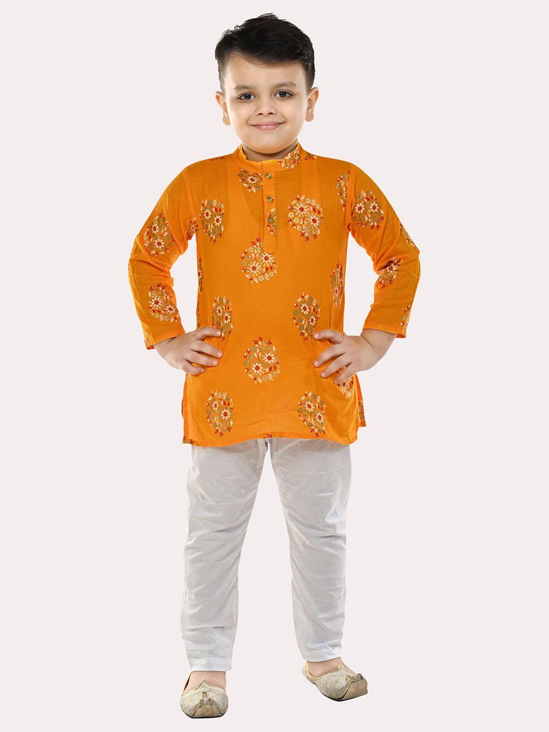 superminis boys pure cotton gold foil printed yellow & white kurta pyjama set