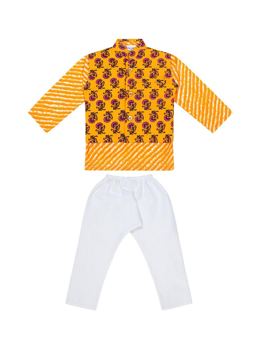 superminis boys yellow leheriya striped regular pure cotton kurti with pyjamas