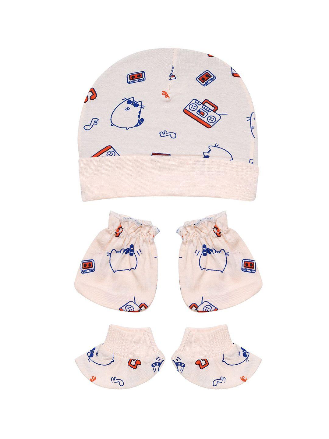 superminis infants peach printed caps, socks and mittens set