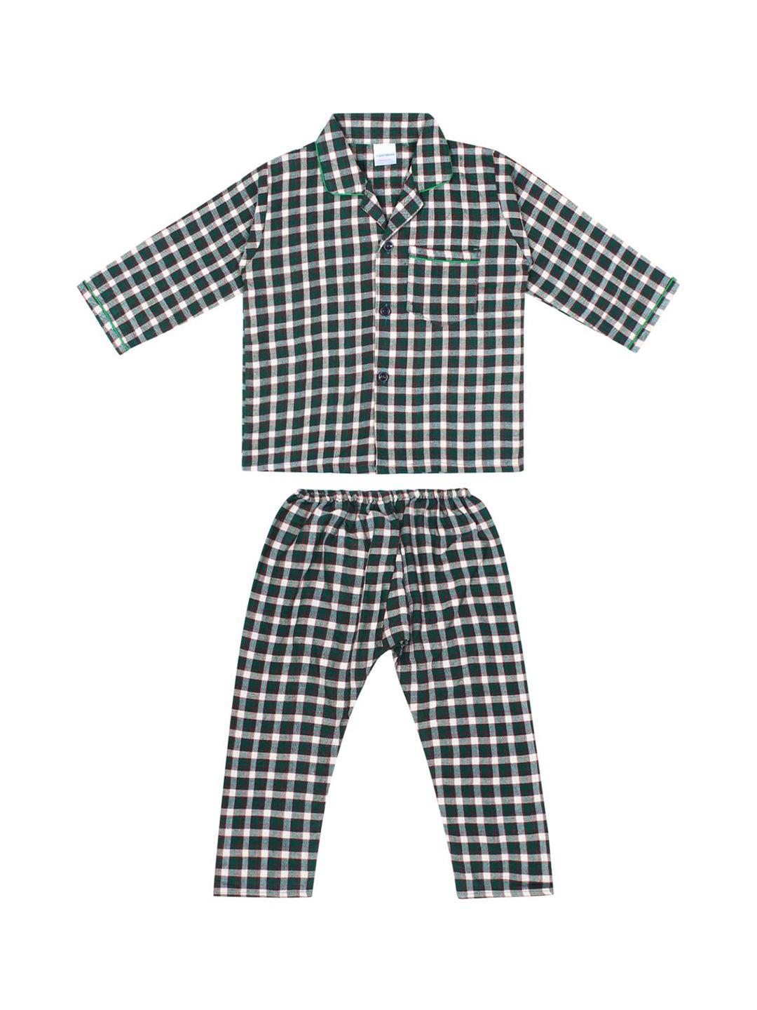 superminis kids green & white checked pure cotton night suit