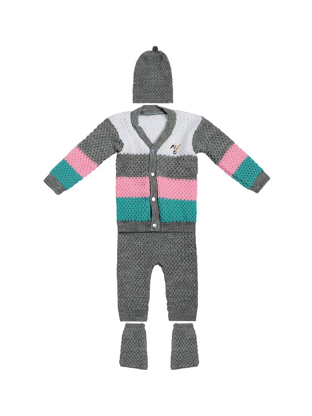 superminis unisex kids grey & pink self design woolen sustainable shirt with pyjamas cap & booties