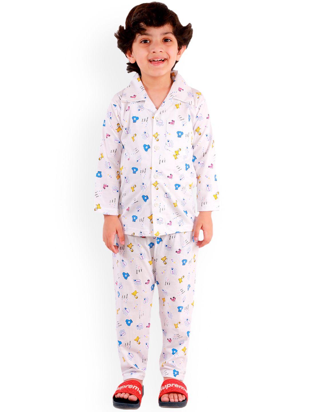 superminis unisex kids white & blue printed pure cotton night suit