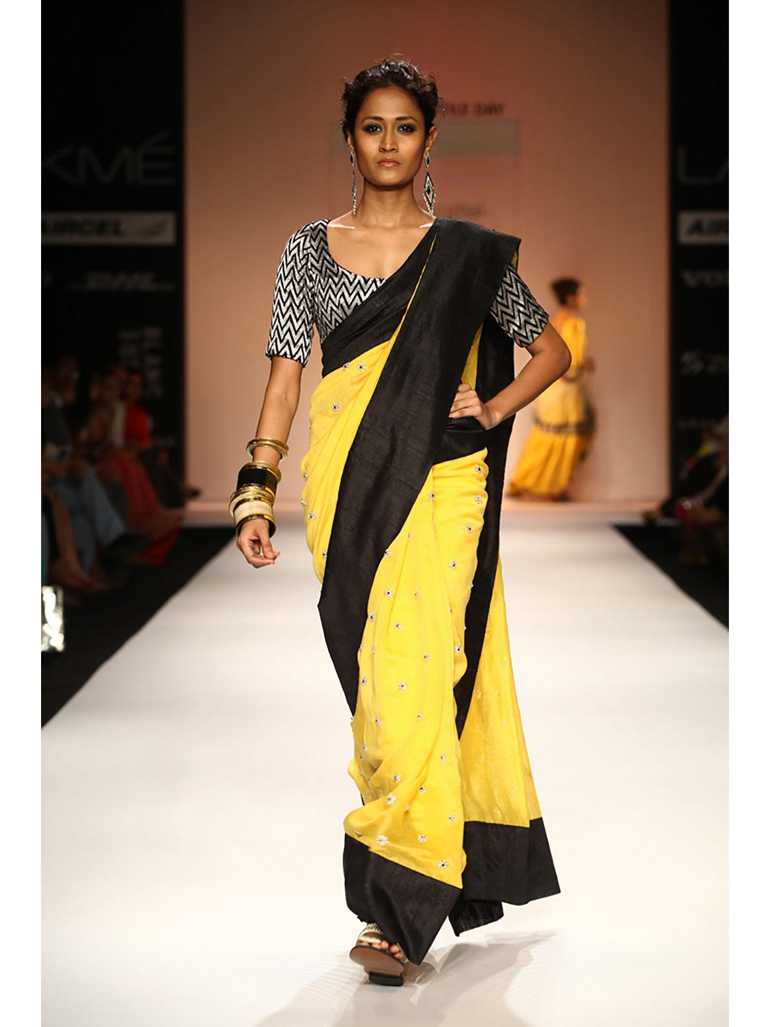 suraiya sunset yellow silkmul saree with black velvet choli