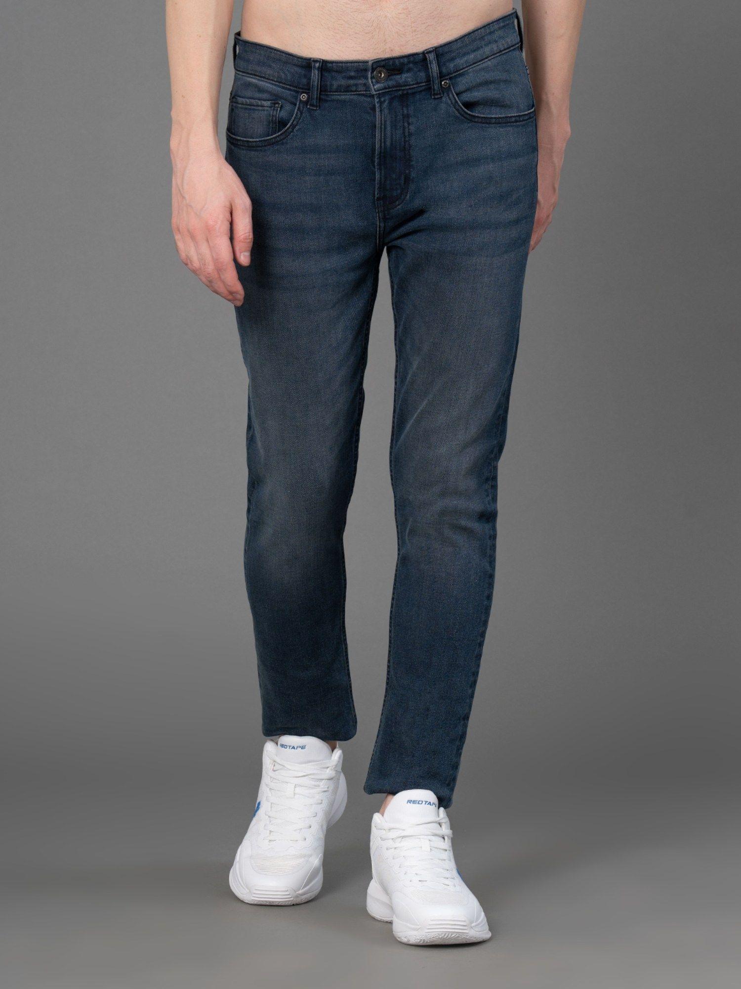 surf blue solid cotton spandex men's regular fit jeans