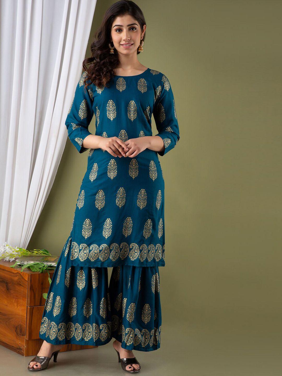 surhi ethnic motifs foil printed straight kurta with sharara