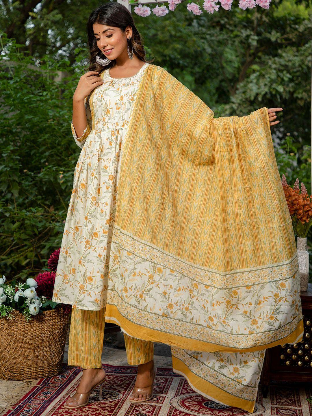 surhi ethnic motifs printed pure cotton pleated anarkali kurta with palazzos & dupatta