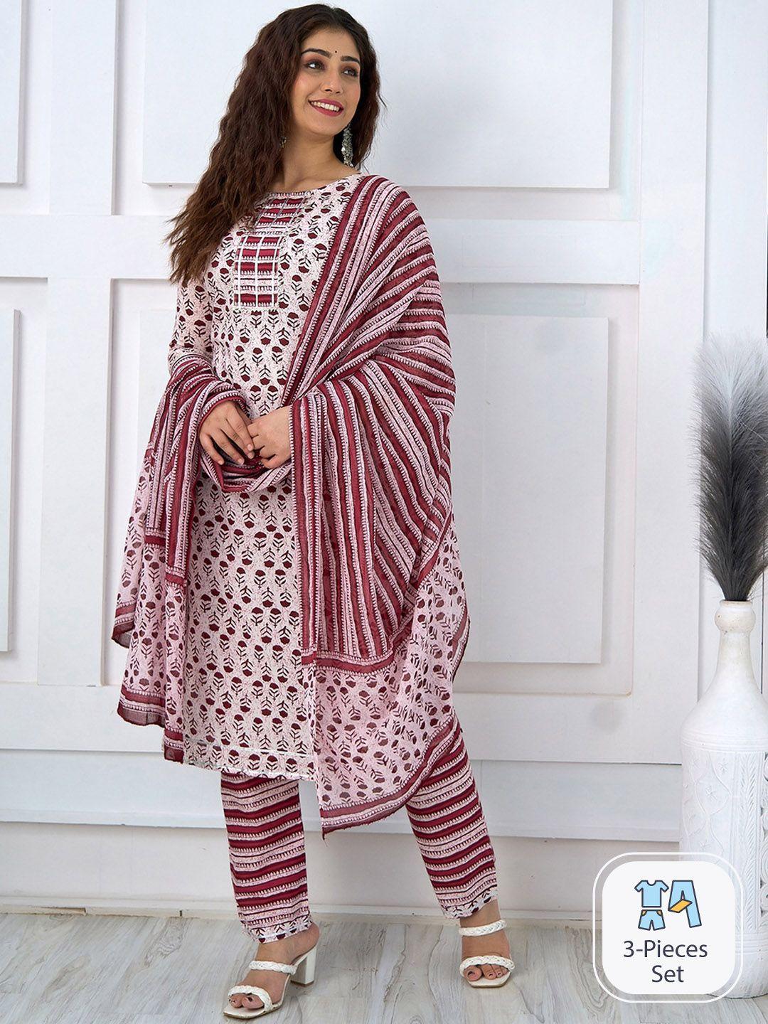 surhi ethnic motifs printed regular gotta patti pure cotton kurta with trousers &  dupatta