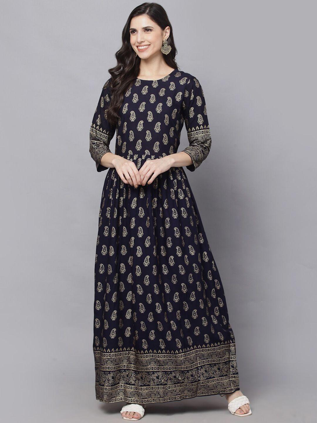 surhi women navy blue and gold toned ethnic motifs printed anarkali kurta