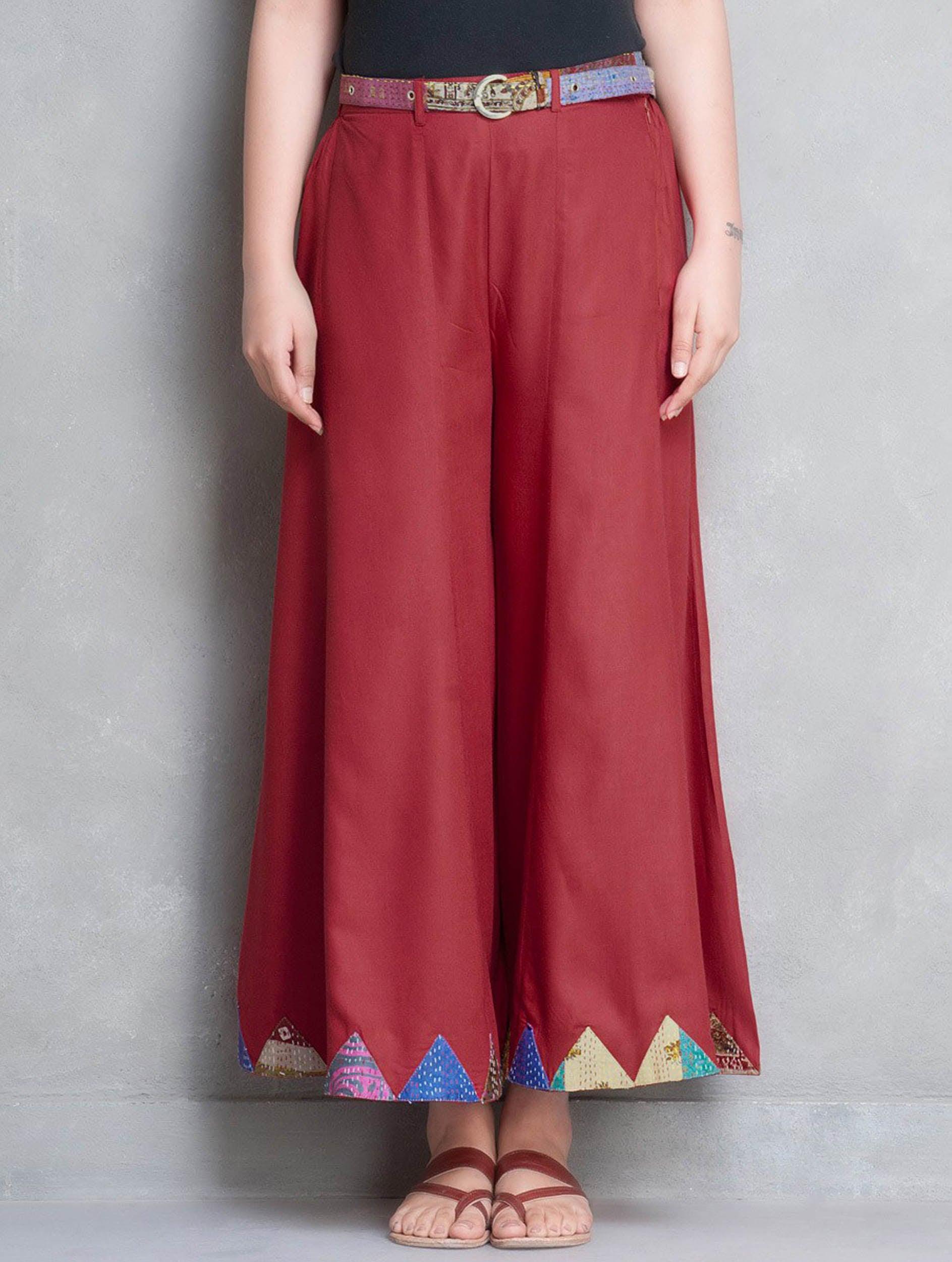 surkh: red cotton silk kali palazzo with kantha applique