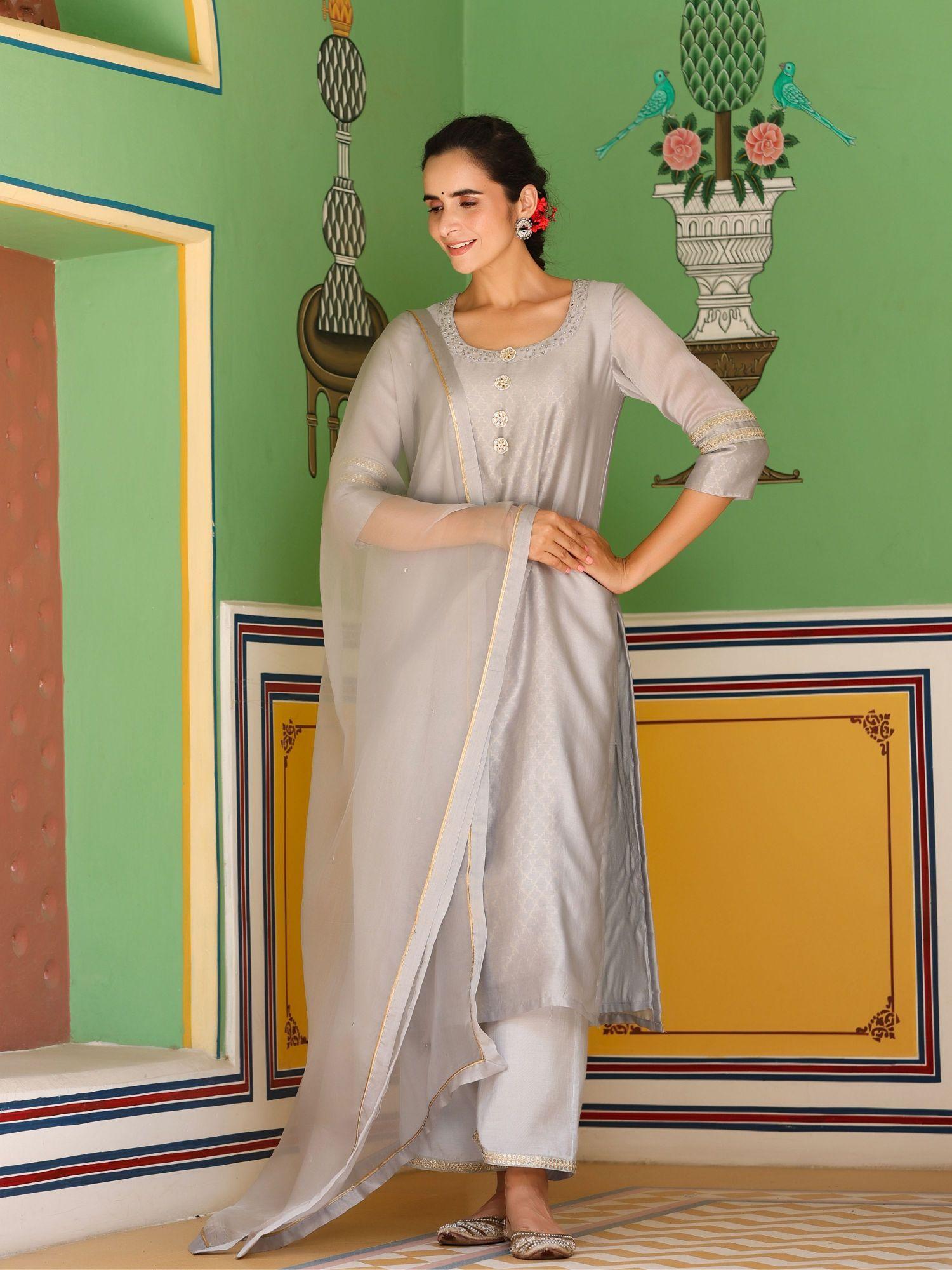 surmai chanderi grey palazzo with dupatta (set of 3)