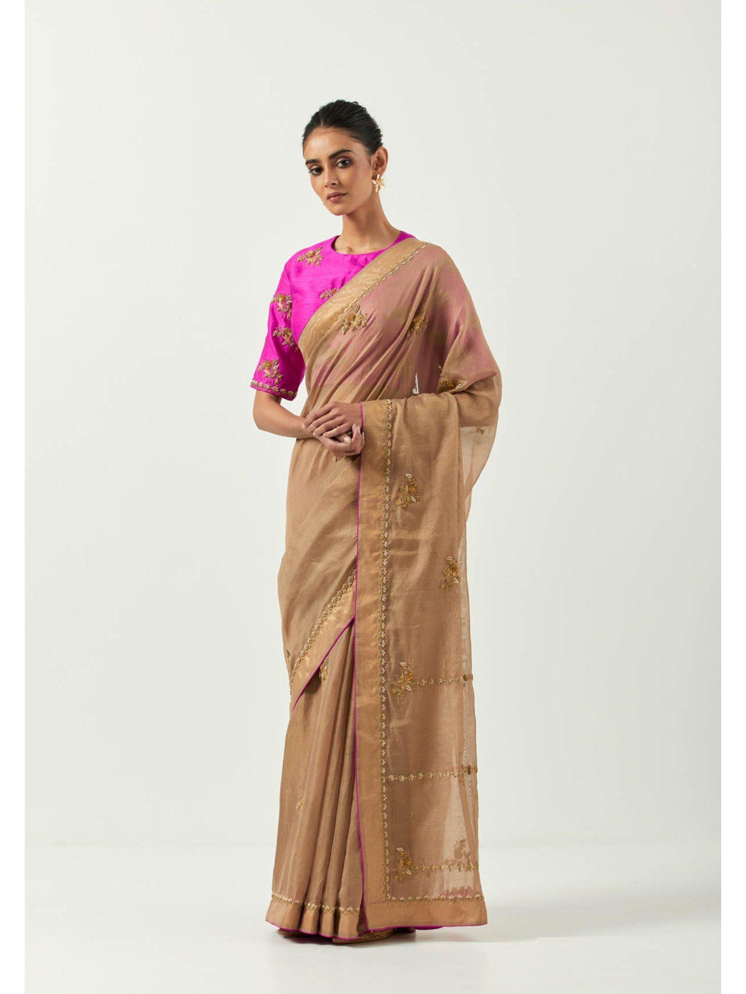 surmai gulab woven saree with zardozi with stitched blouse