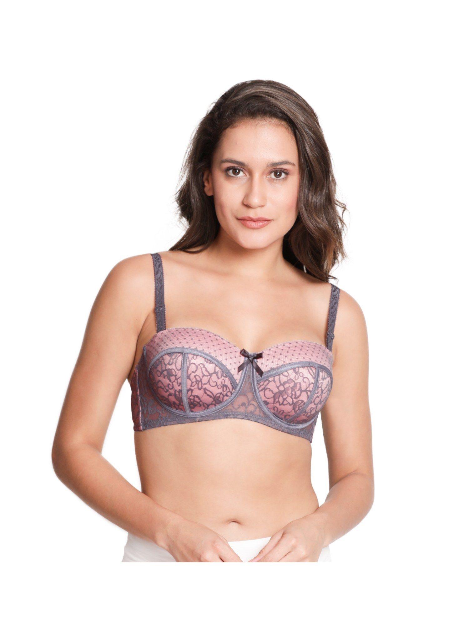 susie 3/4th coverage underwired lace overlay balconette padded bra- grey