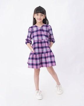 sustainable checked v-neck tiered dress