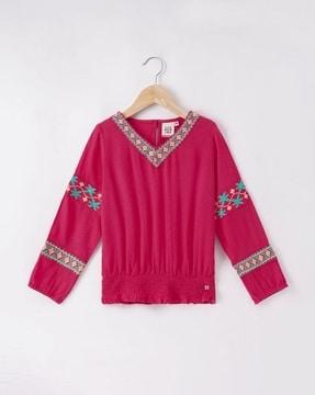 sustainable embroidered v-neck blouson top