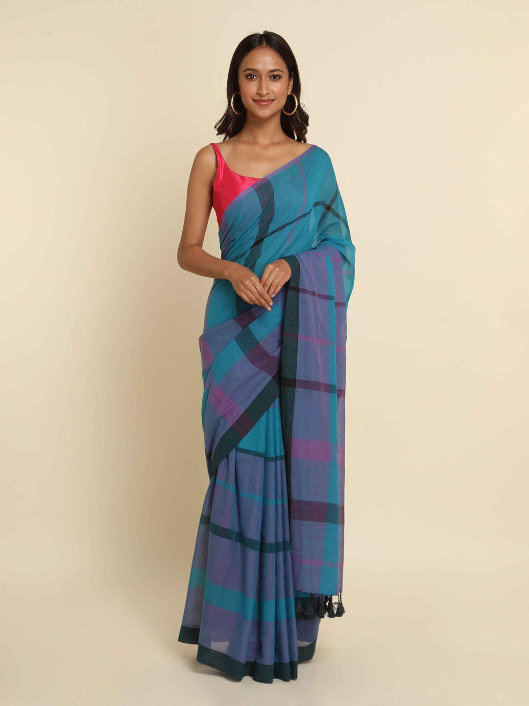 suta blue & purple colourblocked pure cotton saree