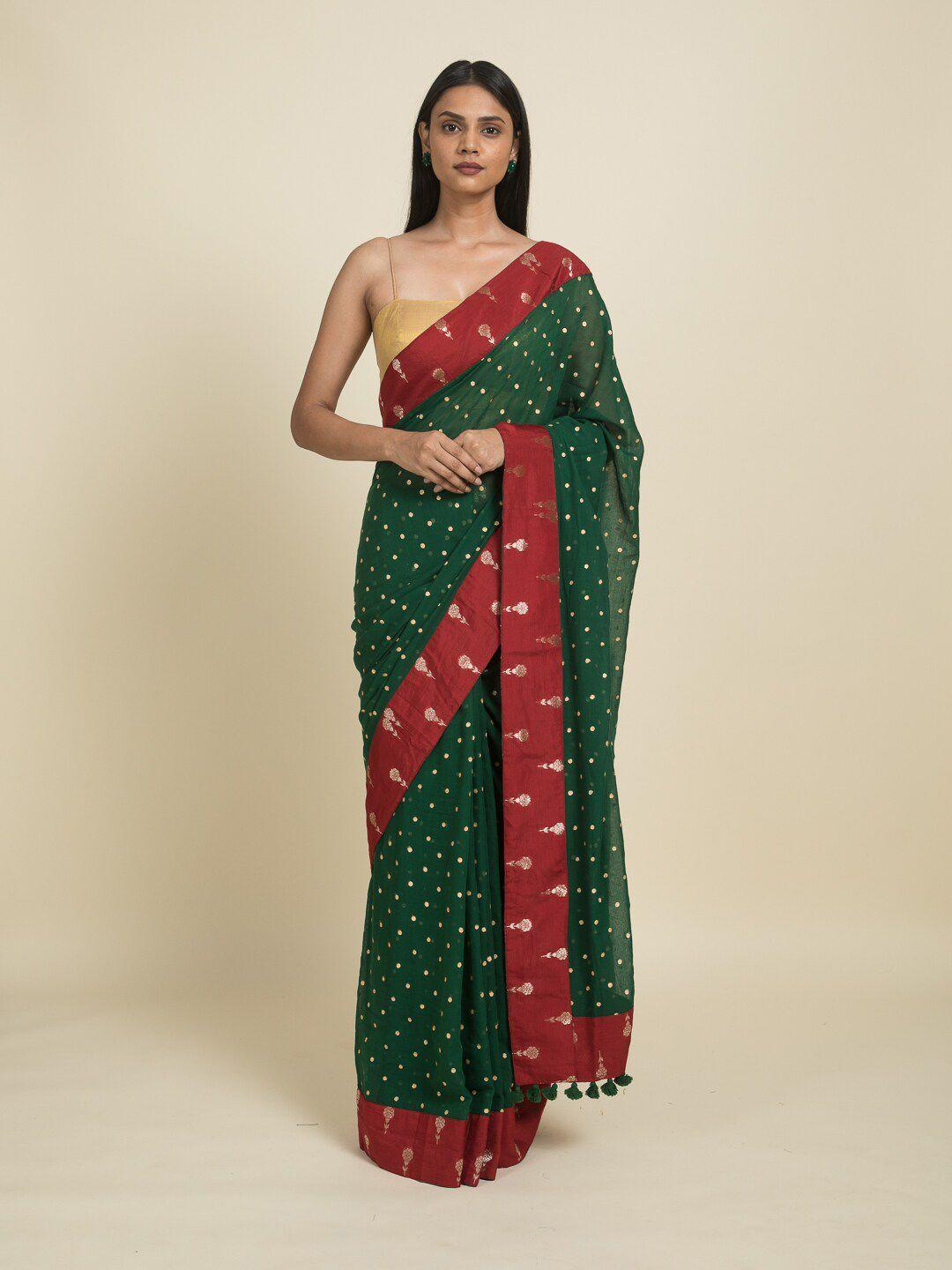 suta green & red zari pure cotton saree
