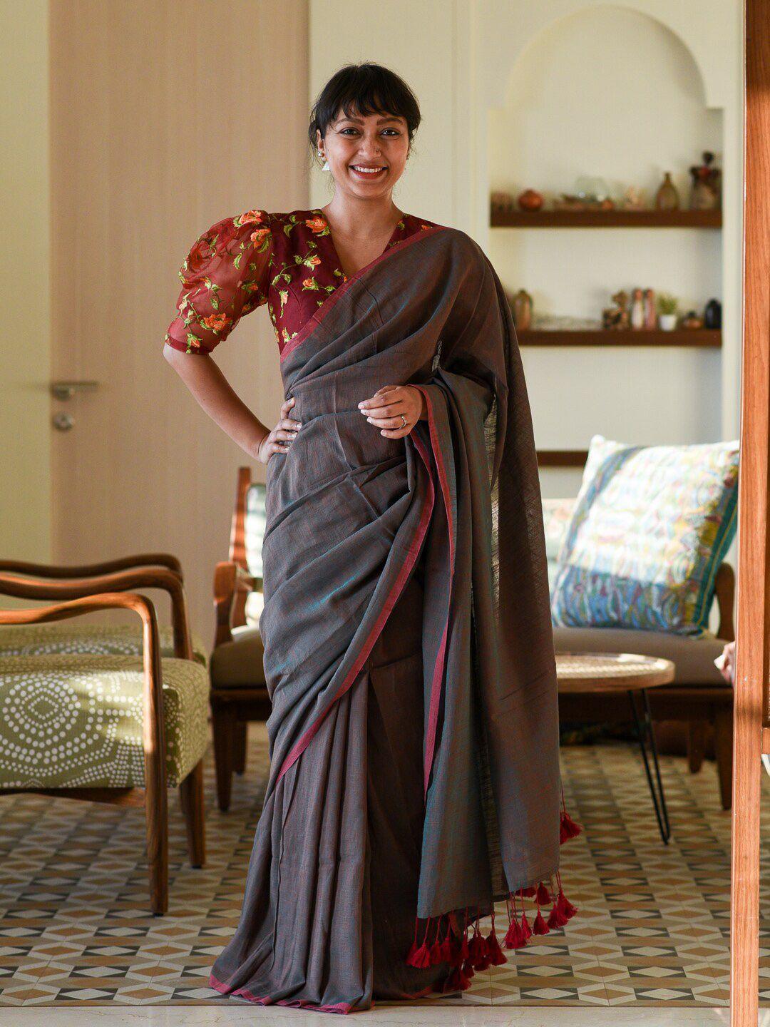 suta grey & brown cotton blend saree