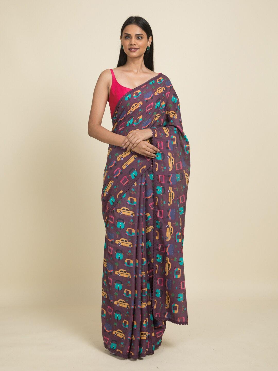 suta magenta & blue digital printed pure cotton saree