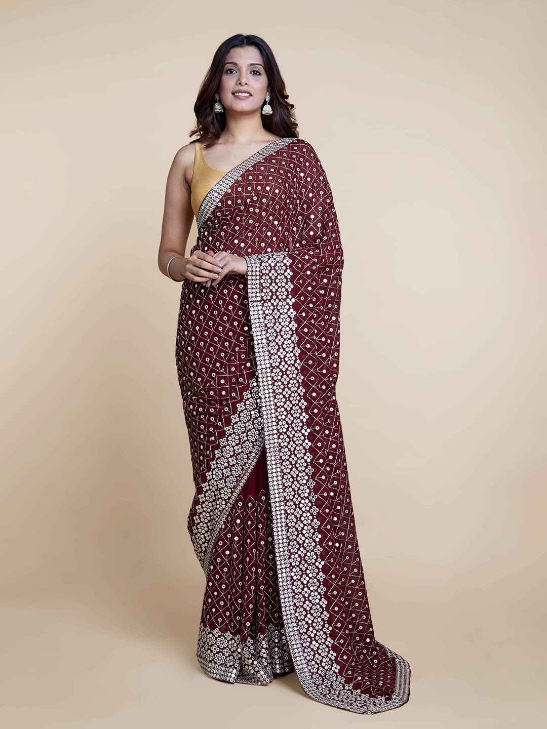suta maroon & silver embellished saree